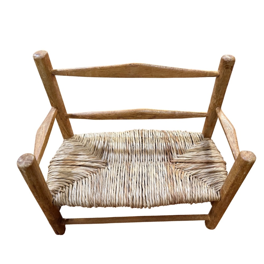 Vintage Miniature Wooden Bench Rush Woven Seat Rustic Dollhouse Furniture 8.5in